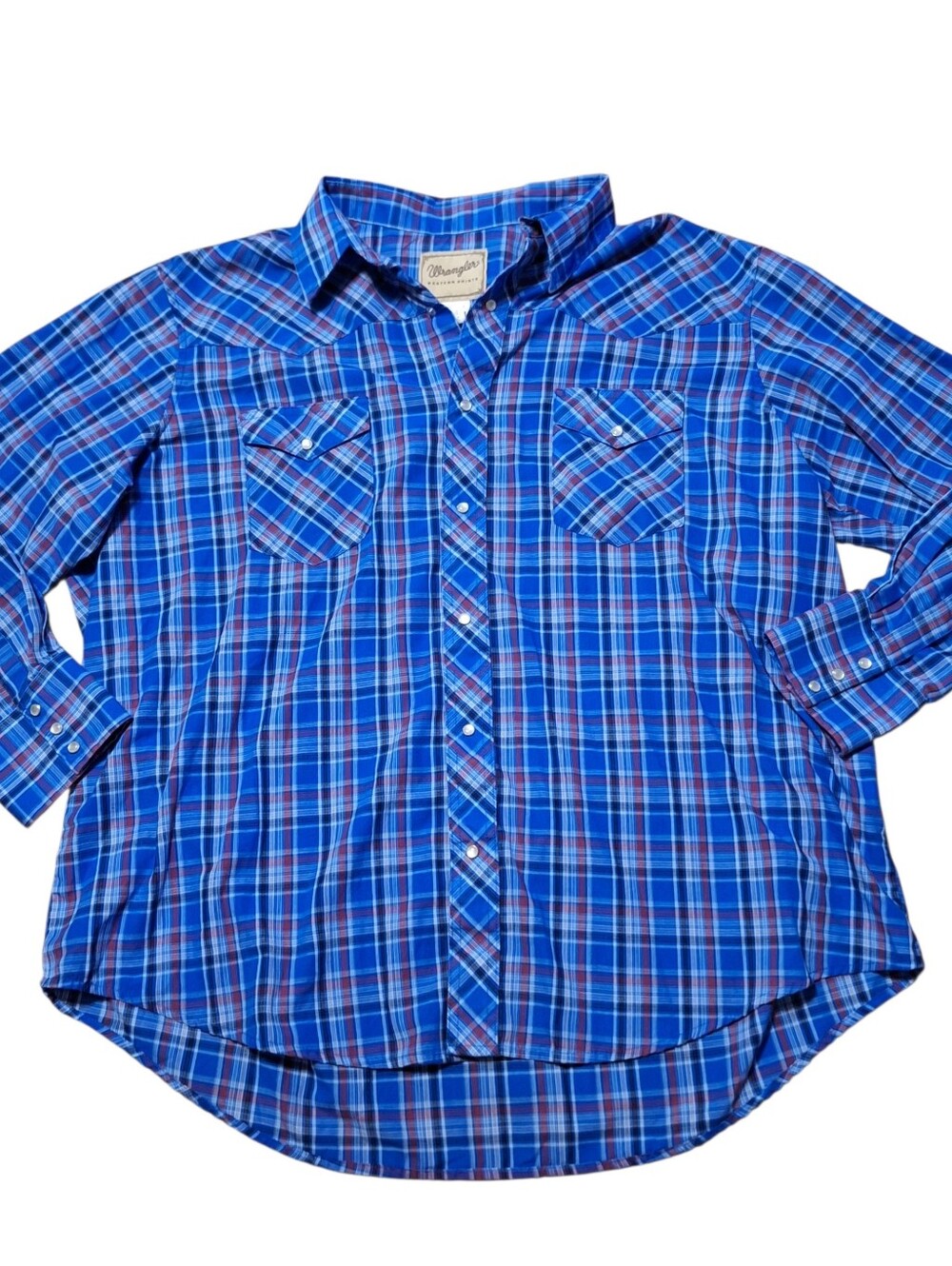 Wrangler western rodeo festival cowboy pearl snap plaid shirt Mens XXL Blue